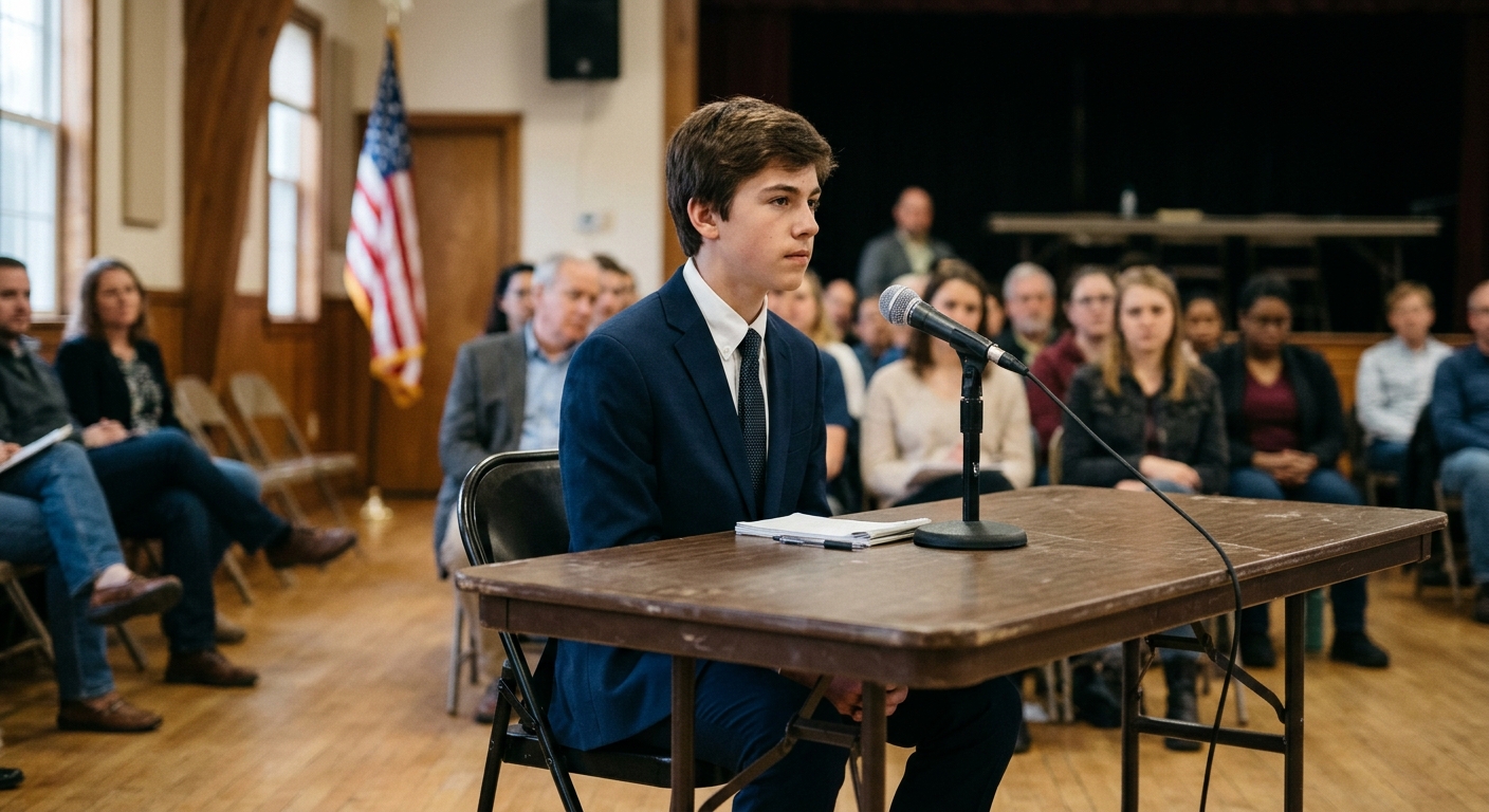a teenage boy in a simple suit sitting behind a folding table with a microphone, acting as a debate moderator in a modest community hall with an out-of-focus Am