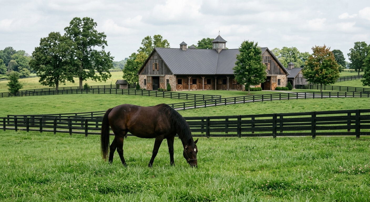 a dark bay thoroughbred horse grazing in a lush green pasture enclosed by traditional black wooden fencing, with a large stone and wood breeding barn in the bac