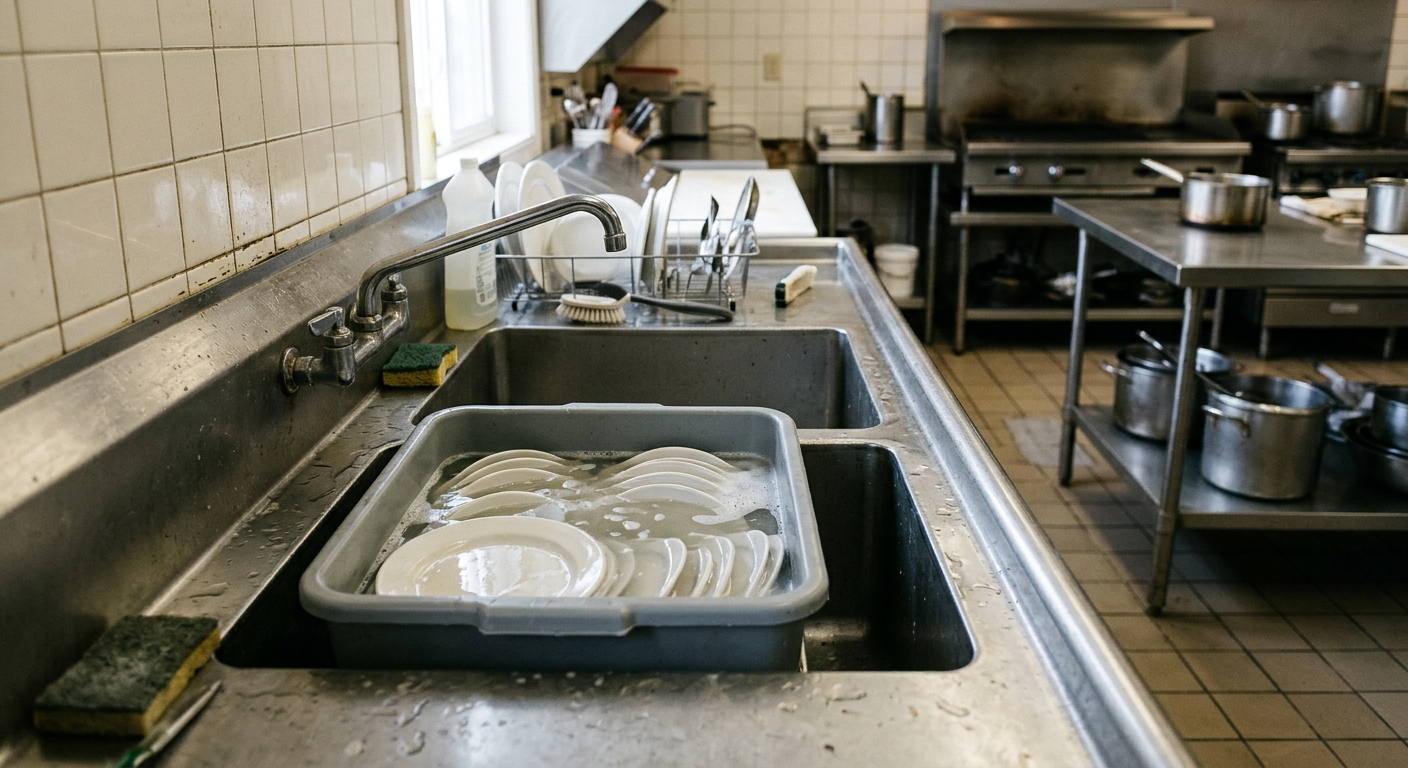 a stainless steel commercial sink in a modest small-town diner kitchen, featuring a grey plastic bus tub filled with soapy still water and soaking white ceramic