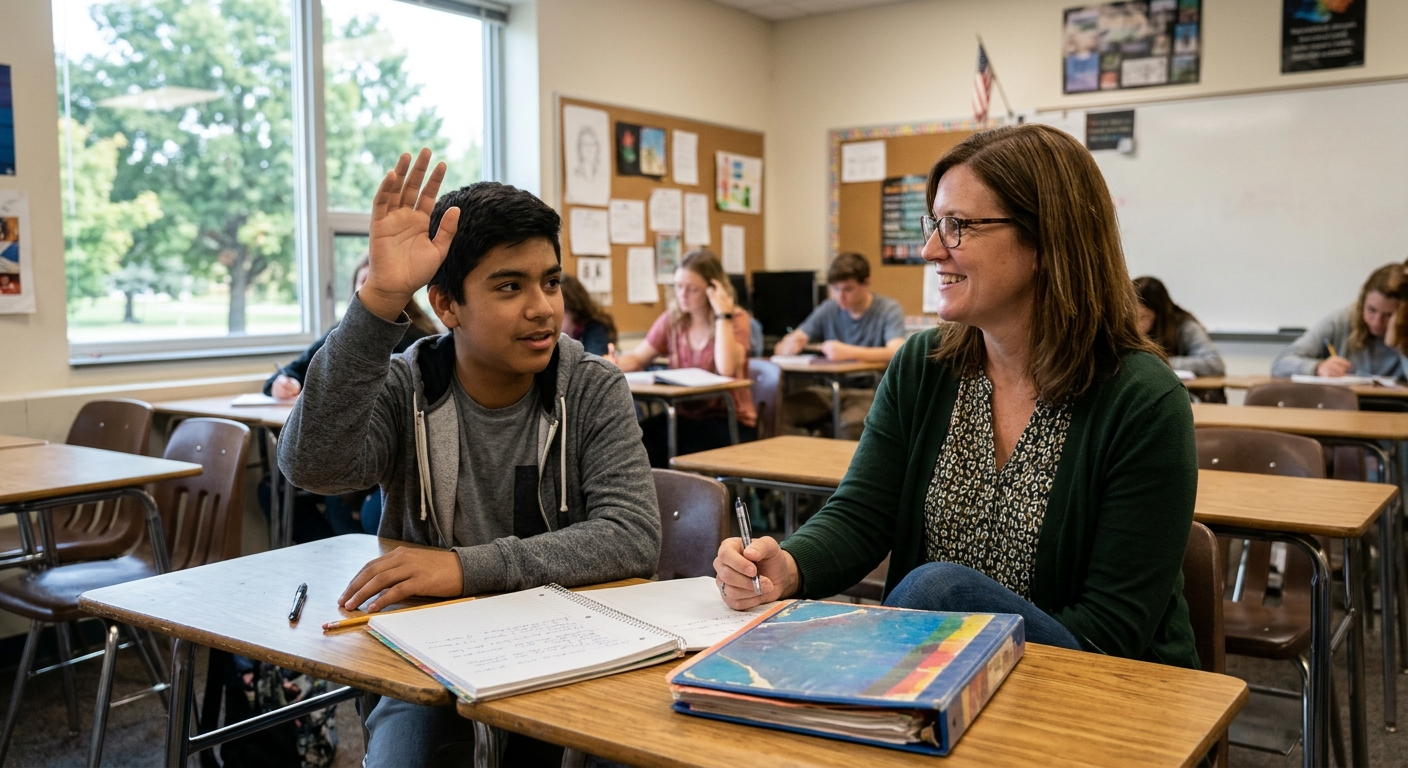 a female special education teacher sitting beside a high school student in a typical American classroom, the student is gently raising their hand to ask a quest