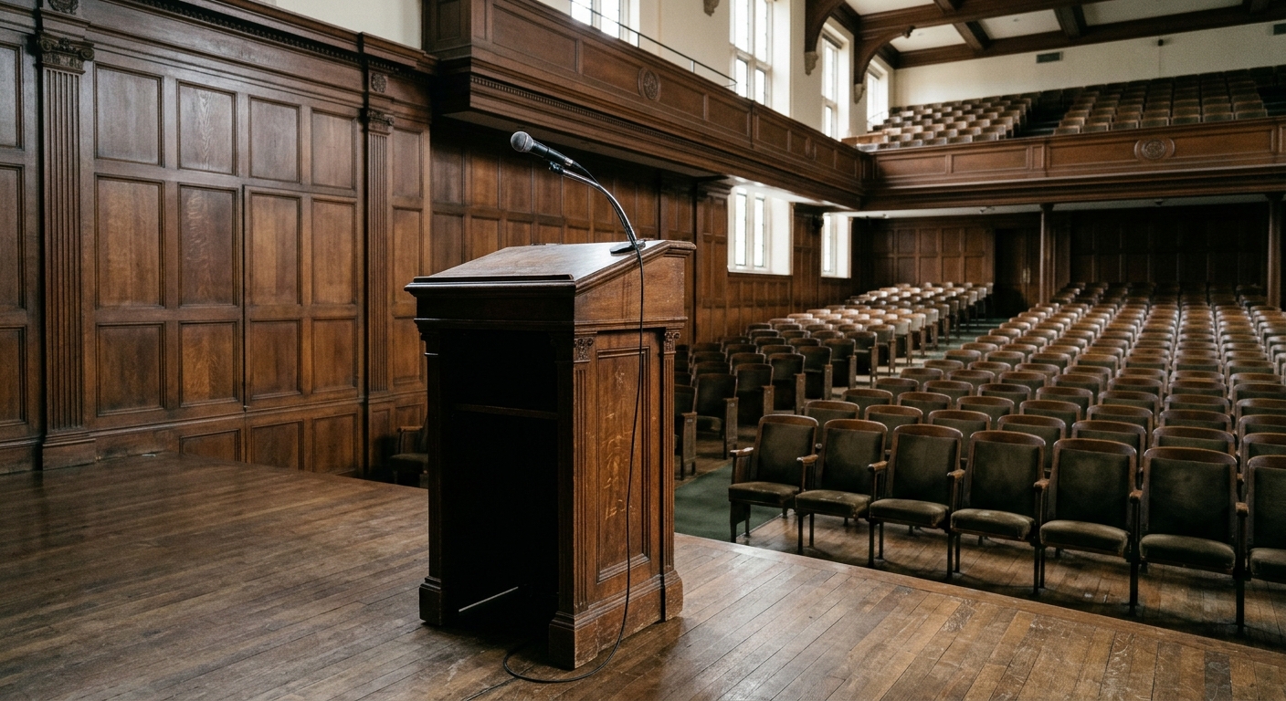 a wooden podium with a microphone on a stage in a classic university auditorium, featuring traditional wood paneling and rows of empty seating, reflecting a typ