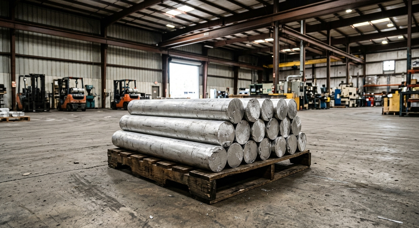 a stack of freshly cast cylindrical aluminum billets resting on a wooden pallet inside a spacious manufacturing warehouse with a concrete floor and corrugated m