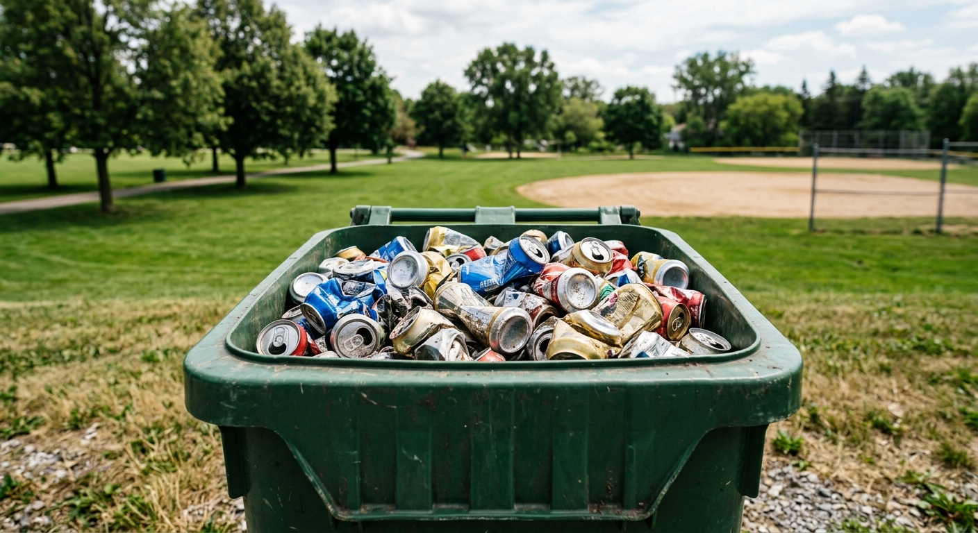 crushed aluminum cans inside a green outdoor recycling bin, with a lush grassy public park and an empty dirt baseball diamond slightly out of focus in the backg