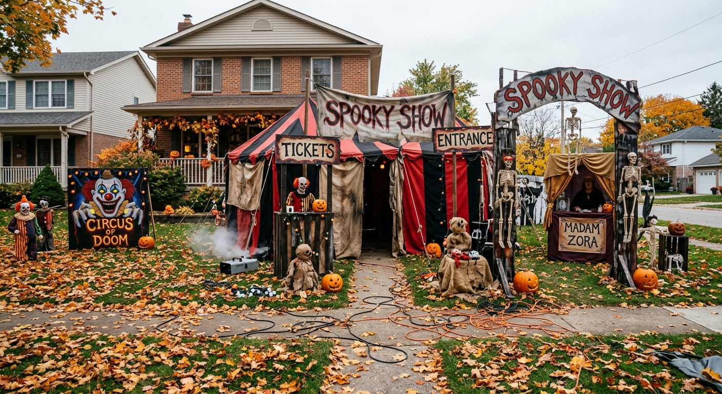 an elaborate carnival-themed Halloween display in the front yard of a traditional suburban home with fallen autumn leaves, featuring handmade spooky props, stri