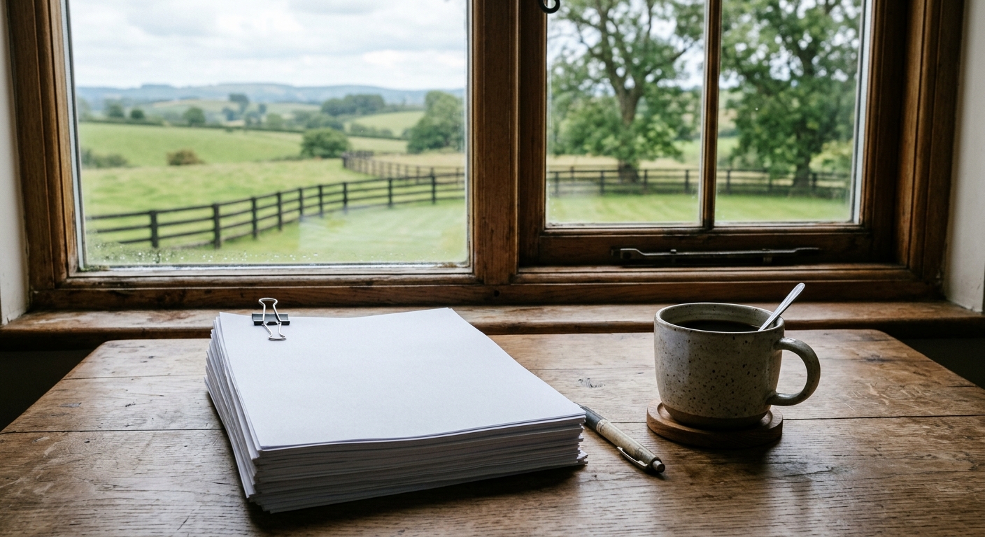 a stack of printed reports and a cup of coffee on a rustic wooden desk near a window, with a blurred view of a rolling green pasture and a dark wooden fence out